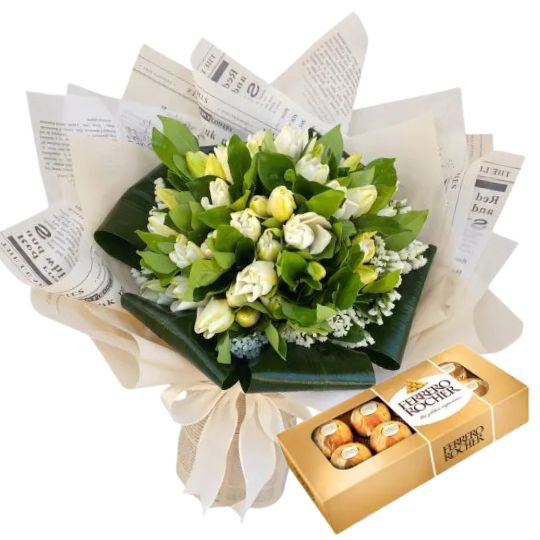 Ramo de flores 50 jazmines white con papel coreano y rocher x8